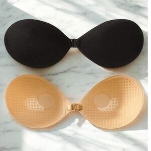New 2x pairs B cup Apricot‎ Black Adhesive Strapless Bra Front Clasp Wireless